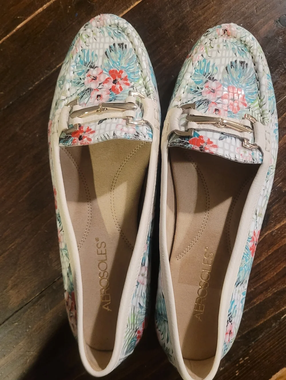 Aerosoles Drive Along Bit Loafer White Cream Gold Pink Green Tropical Floral 7.5 - Picture 3 of 9